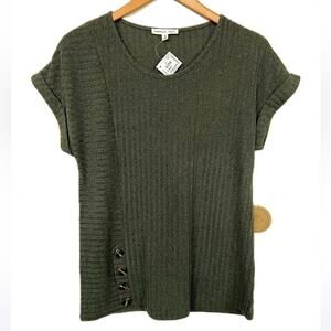 New PARALLEL SKIES Ribbed Button Rolled Sleeve Green Sweater Women SIZE S